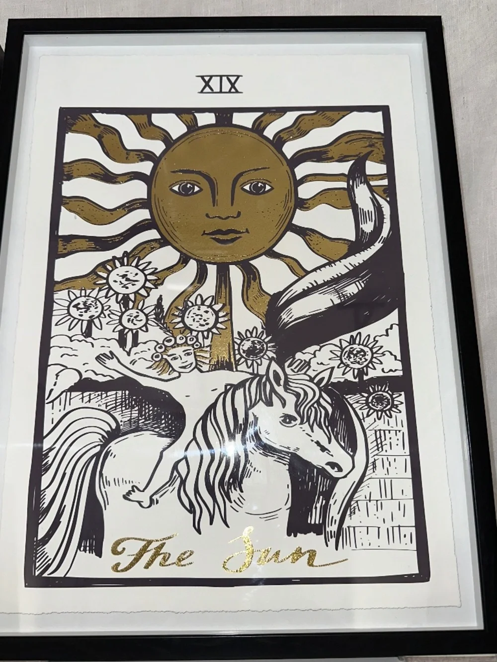 Framed “The Sun” Tarot Card Black and White Art Print With Gold Foil Accents